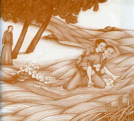 
Old monk carrying woman across river - Kindness: A Treasury of Buddhist Wisdom for Children and Parents book
